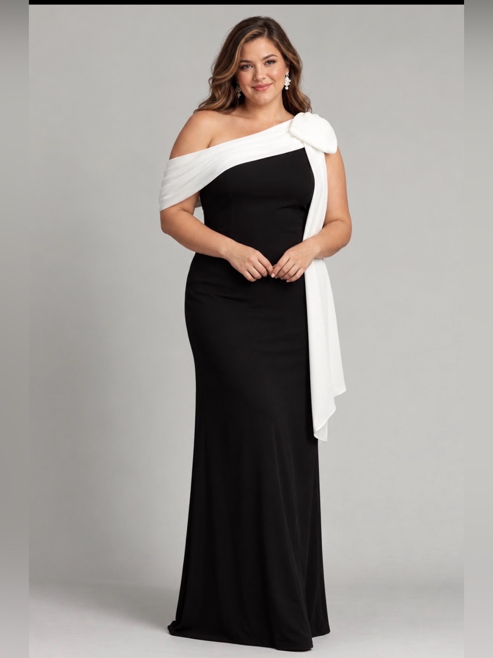 Tadashi Shoji NWT Bow Off-Shoulder Draped Crepe Maxi Gown Dress Ivy Black 18